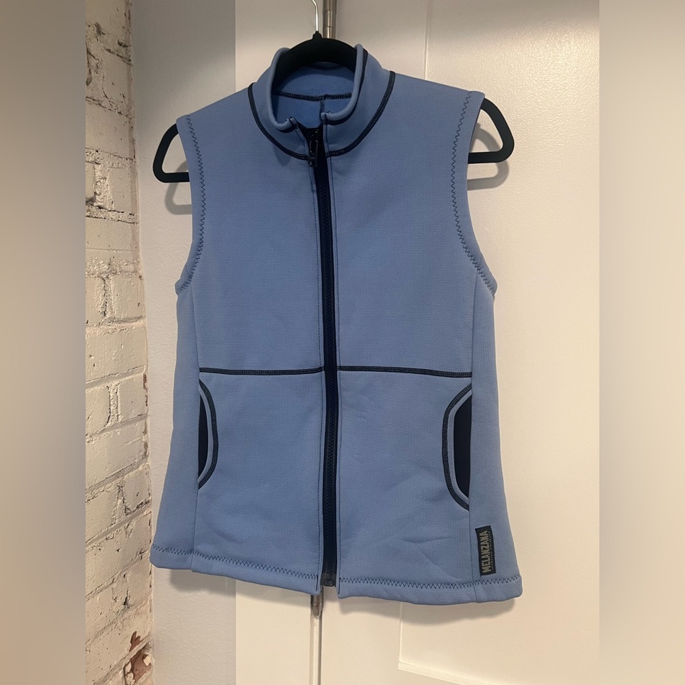 Melanzana Women's Blue Fleece Hard Face Vest Zip Up Ski Shell, size M tall